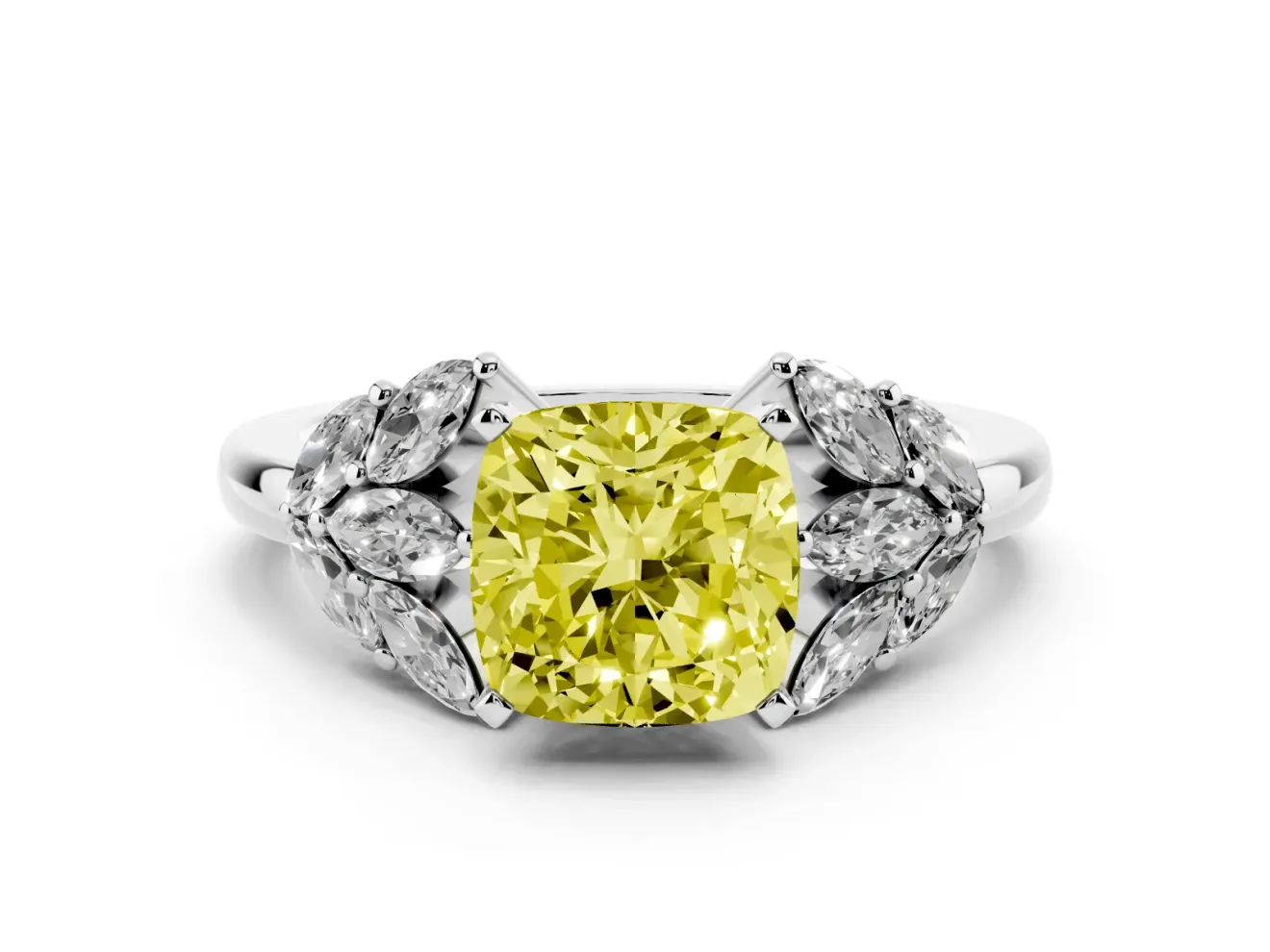 Fancy Yellow Cushion Cut Diamond Cluster Leaf Design Ring Set in White gold with Prong Setting