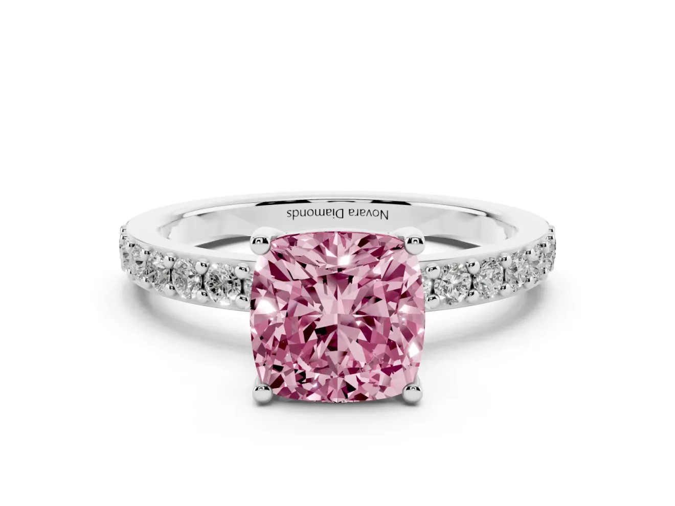 Fancy Pink Cushion Cut Diamond Solitaire Set in White gold with Round Pavé Band and Prong Setting