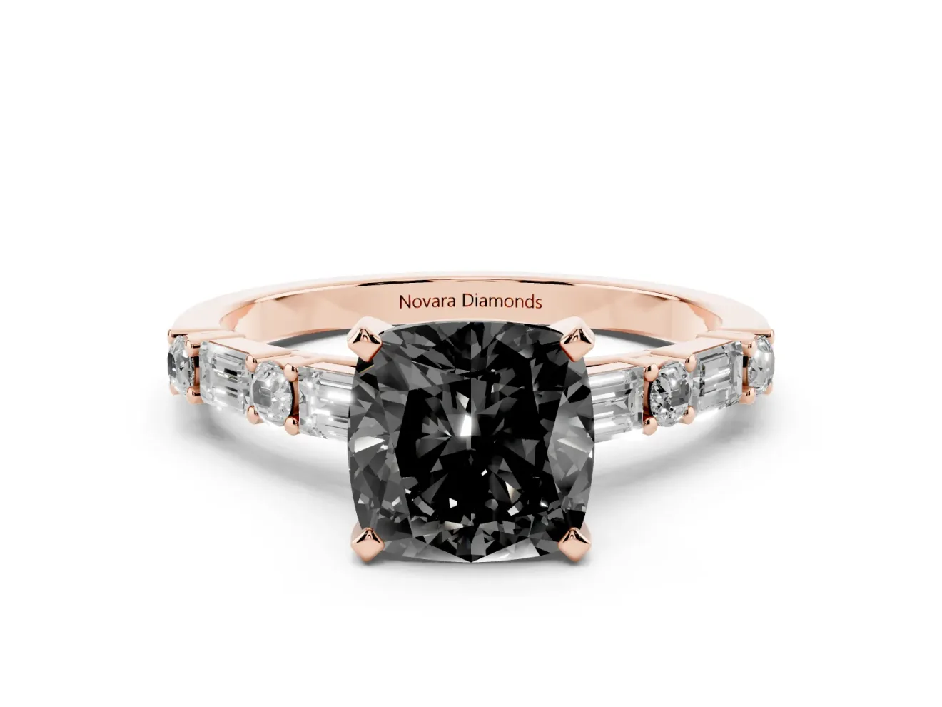 Fancy Black Cushion Cut Diamond Solitaire Set in Rose gold with Side Baguettes and Channel Set Band