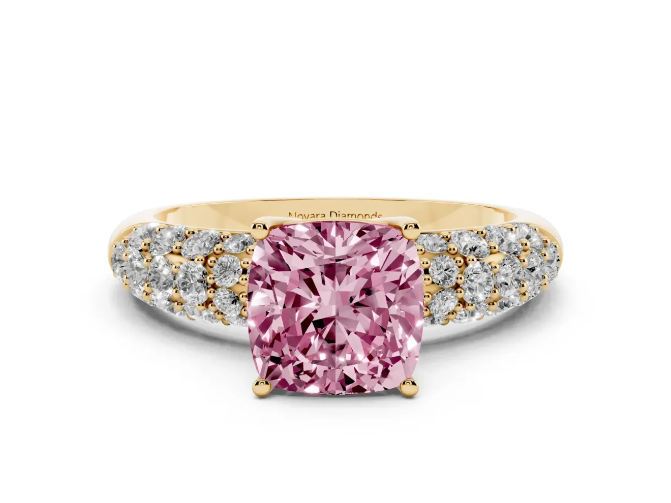Cushion Cut Multi Row Pave Engagement Ring Setting for a Fancy Pink Lab-Grown Diamond | Yellow Gold