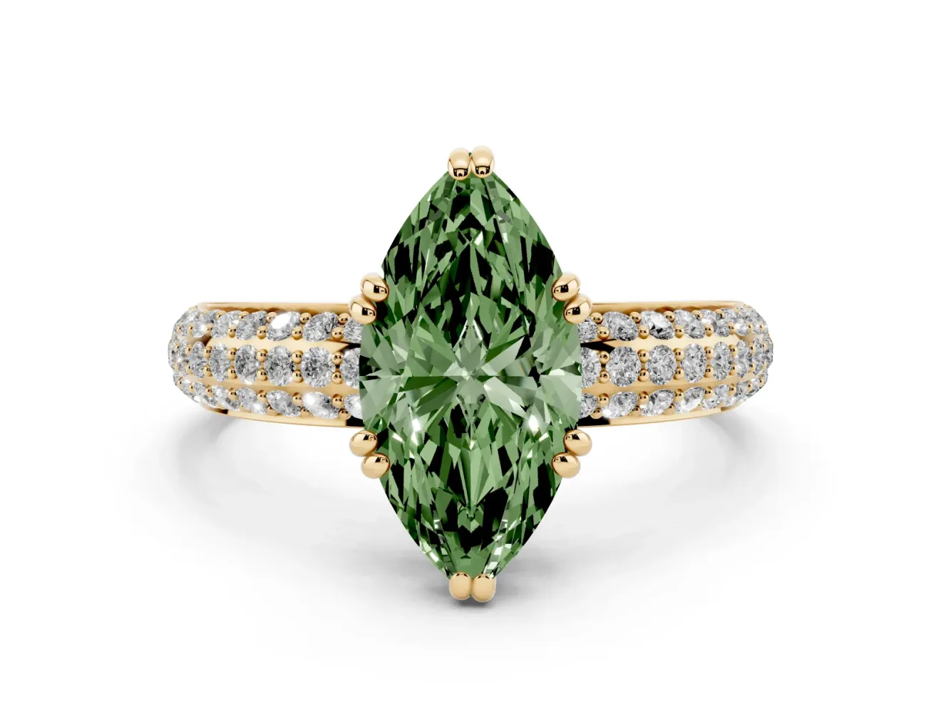 Marquise Three Row Pave Engagement Ring Setting for a Fancy Green Lab-Grown Diamond | Yellow Gold