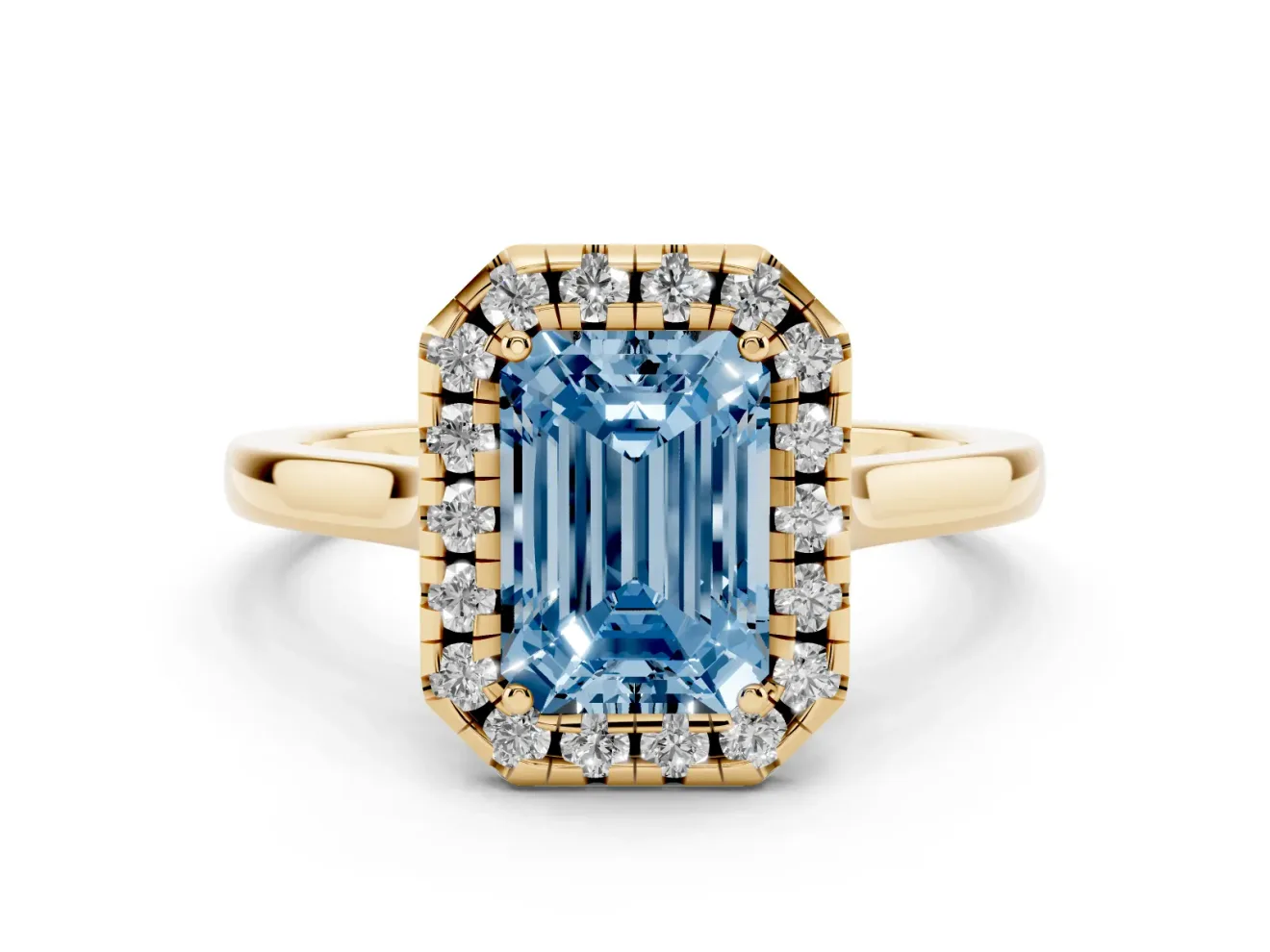 Fancy Blue Emerald Cut Halo Round Diamond Solitaire Ring Set in Yellow gold with Pavé Band and Prong Setting