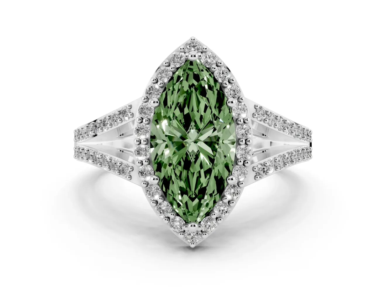 Marquise Halo Engagement Ring Setting for a Fancy Green Lab-Grown Diamond | V-Split Pavé Band | Sterling Silver