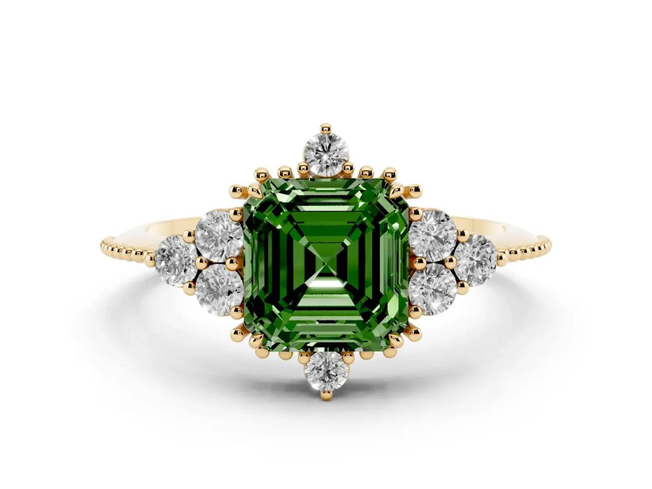 Asscher Cut Cluster Engagement Ring Setting for a Fancy Green Lab-Grown Diamond | Yellow Gold