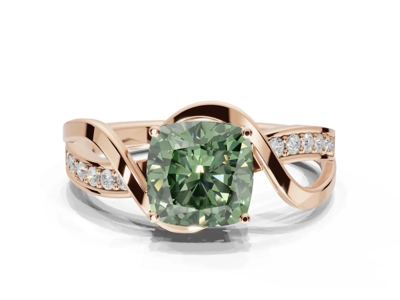 Cushion Cut Bypass Solitaire Engagement Ring Setting for a Fancy Green Lab-Grown Diamond | Pavé Strands | Rose Gold