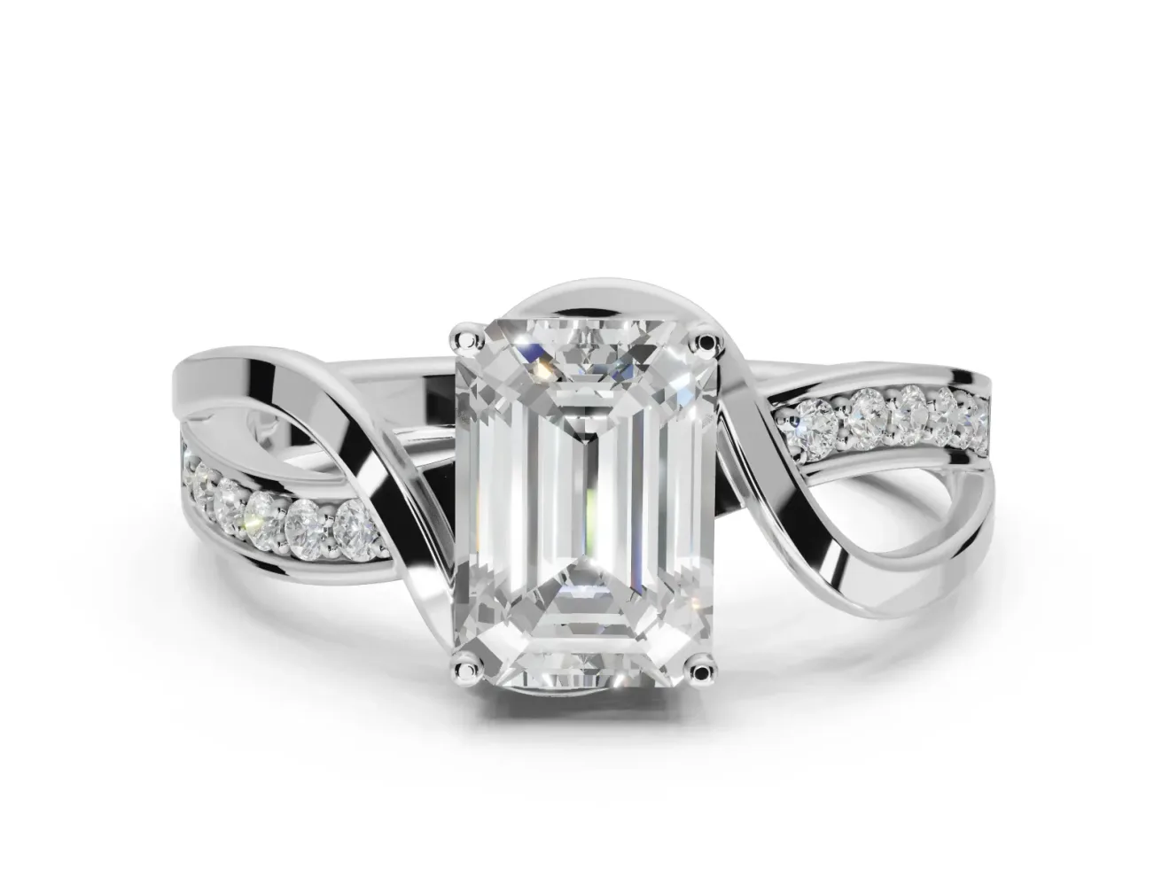 Emerald Cut Bypass Solitaire Engagement Ring Setting | Pavé and Plain Strands | Sterling Silver