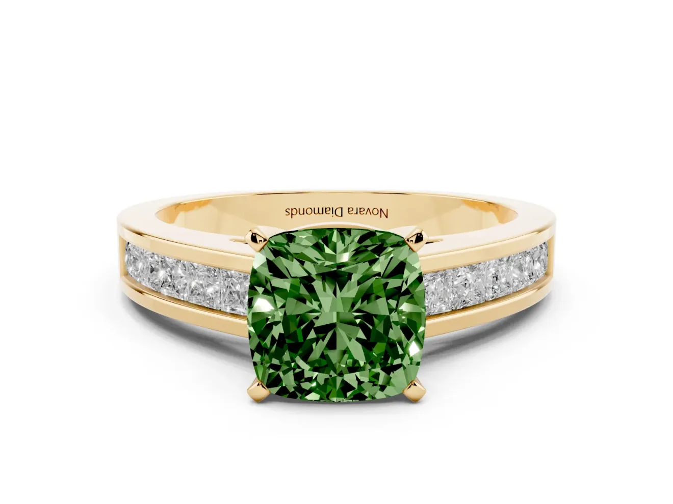 Cushion Cut Channel Engagement Ring Setting for a Fancy Green Lab-Grown Diamond | Yellow Gold