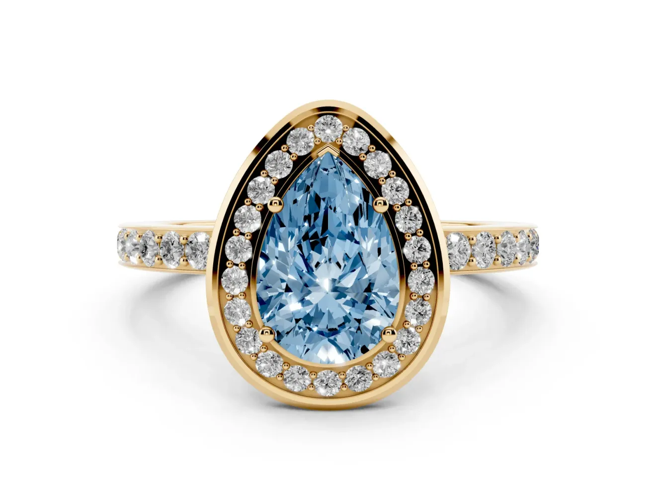 Fancy Blue Pear Cut Diamond Halo Ring Set in Yellow gold with Bezel Frame and Pavé Band