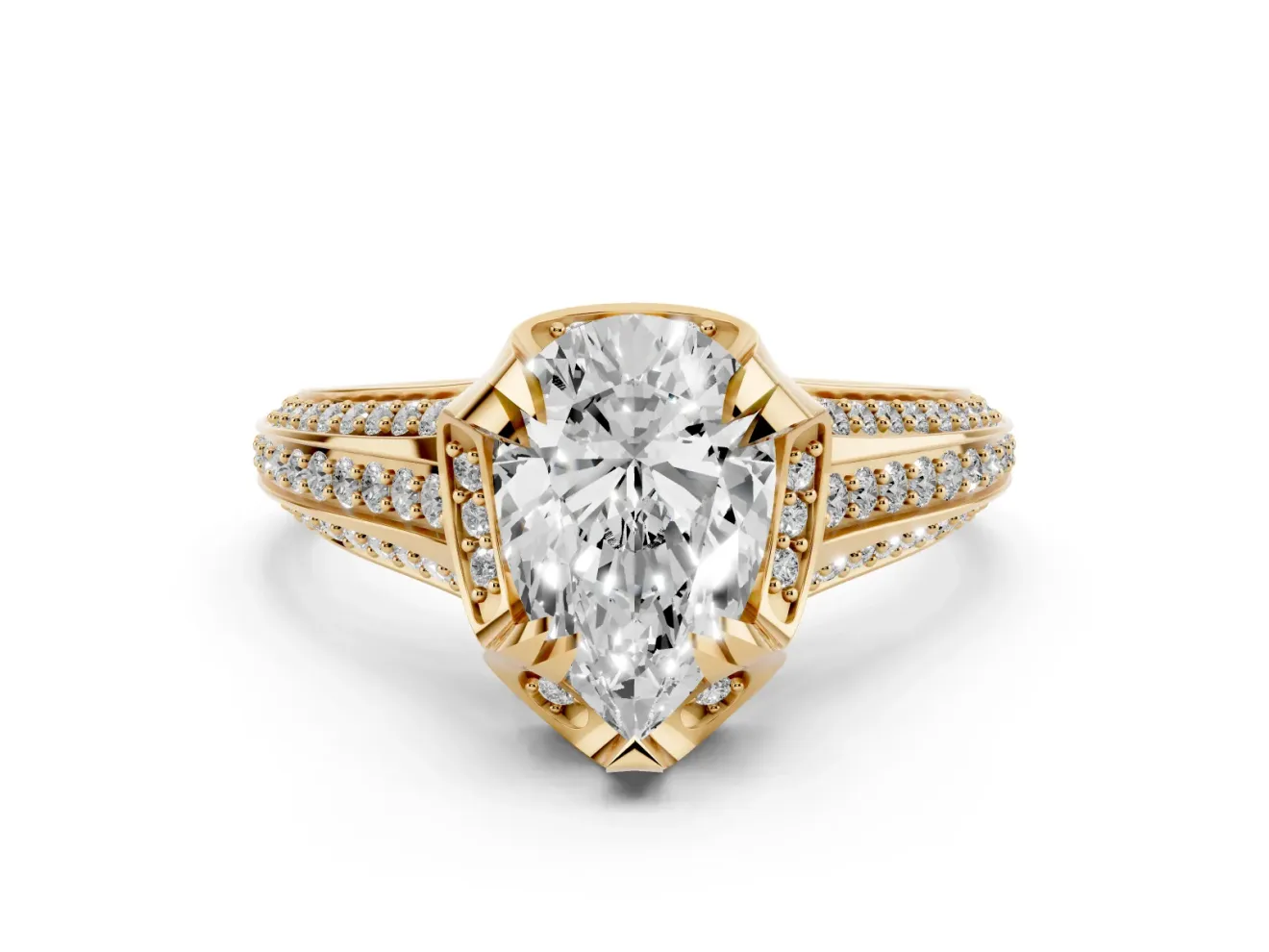 Pear Cut Diamond Pavé Split Shank Solitaire Ring Set in Yellow gold with Prong Setting