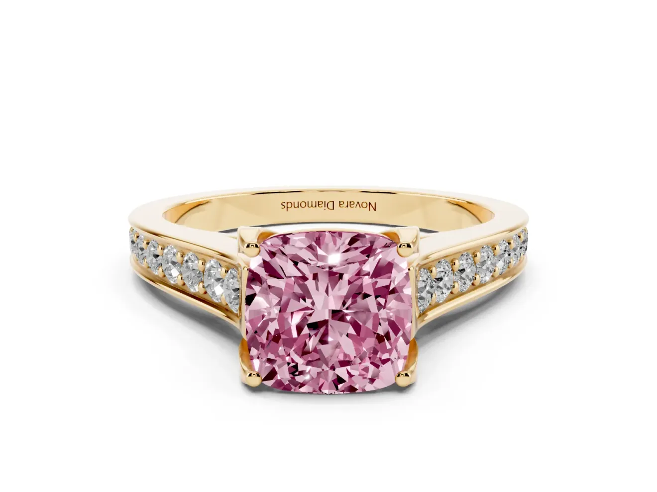 Fancy Pink Cushion Cut Diamond Solitaire Pavé Engagement Ring Set in Yellow gold with Prong Setting