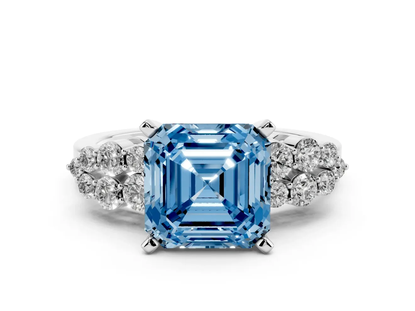 Fancy Blue Asscher Cut Diamond Cluster Engagement Ring Set in Platinum with Pavé Band and Prong Setting