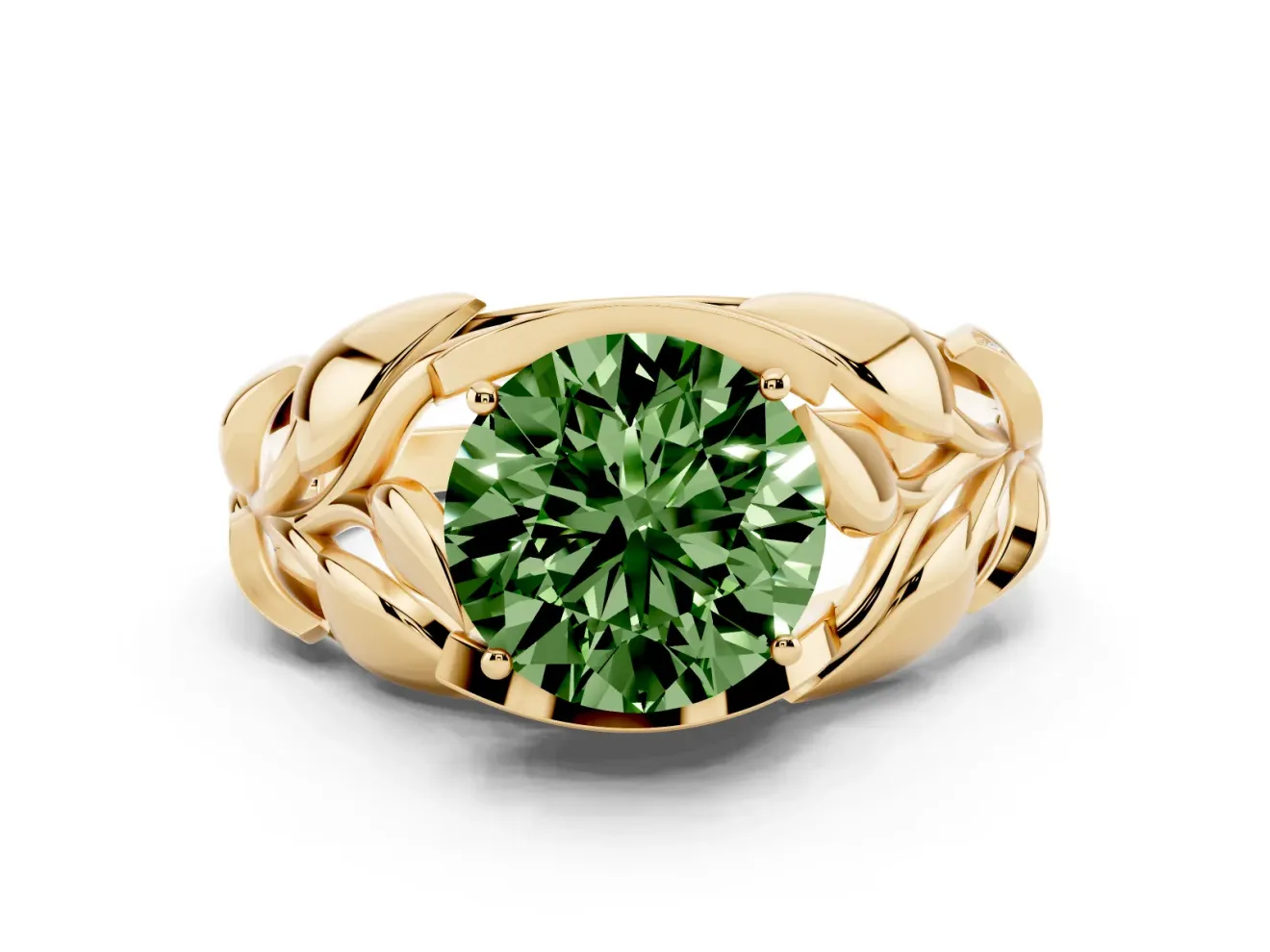 Fancy Green Round Cut Diamond Leaf-Inspired Engagement Ring Set in Yellow gold with Round Accents