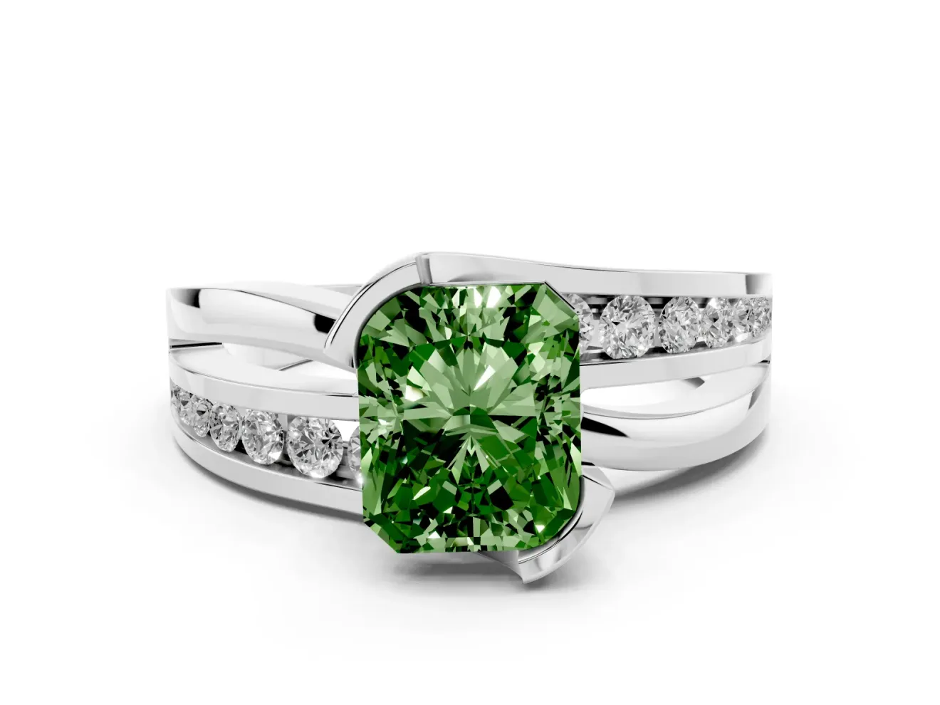 Radiant Cut Graduated Bypass Engagement Ring Setting for a Fancy Green Lab-Grown Diamond | Platinum