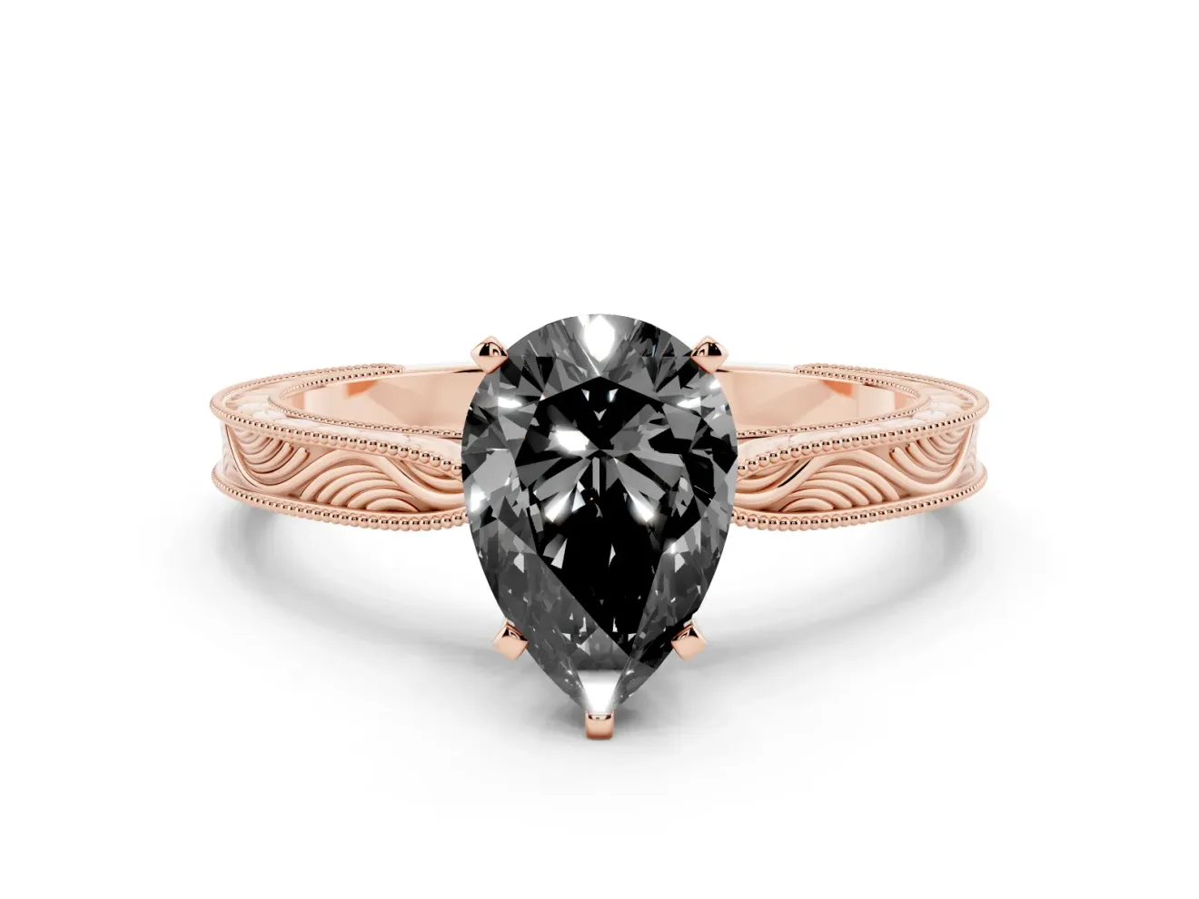 Fancy Black Pear Cut Diamond Solitaire Milgrain Engraved Band Set in Rose gold with Prong Setting
