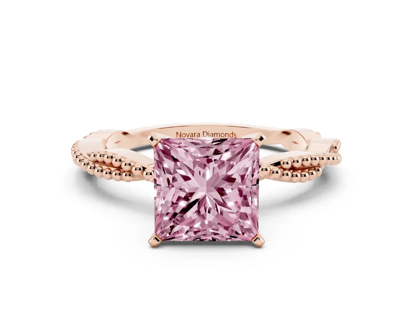 Fancy Pink Princess Cut Diamond Solitaire Ring Set in Rose gold with Twisted Band and Bead Prong Setting