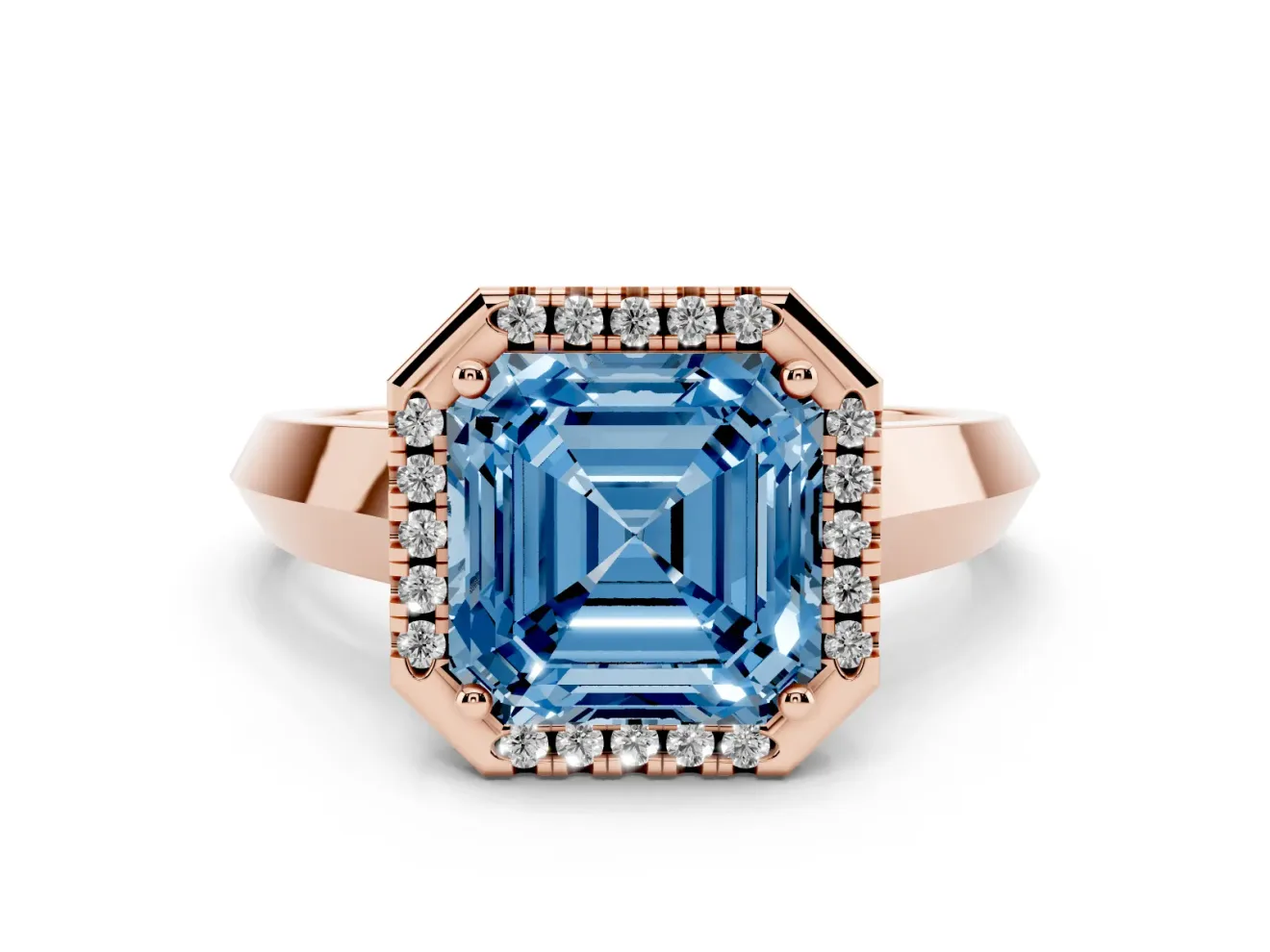 Fancy Blue Asscher Cut Diamond Halo Ring Set in Rose gold with Cathedral Band and Prong Setting