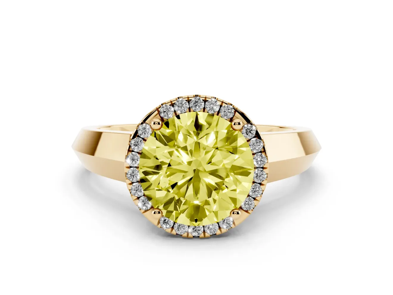 Round Knife-Edge Halo Engagement Ring Setting for a Fancy Yellow Lab-Grown Diamond | Yellow Gold