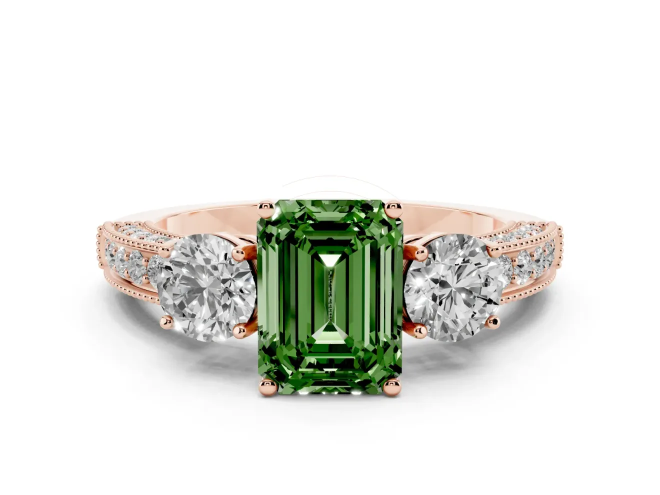 Emerald Cut Three Stone Engagement Ring Setting for a Fancy Green Lab-Grown Diamond | Graduated Pave Band | Rose Gold