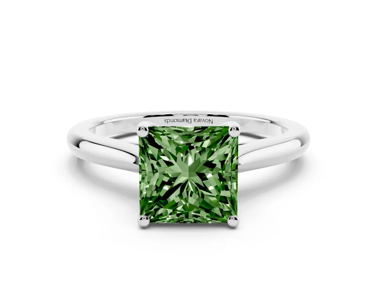 Fancy Green Princess Cut Diamond Solitaire Ring Set in Silver with Cathedral Band and Prong Setting