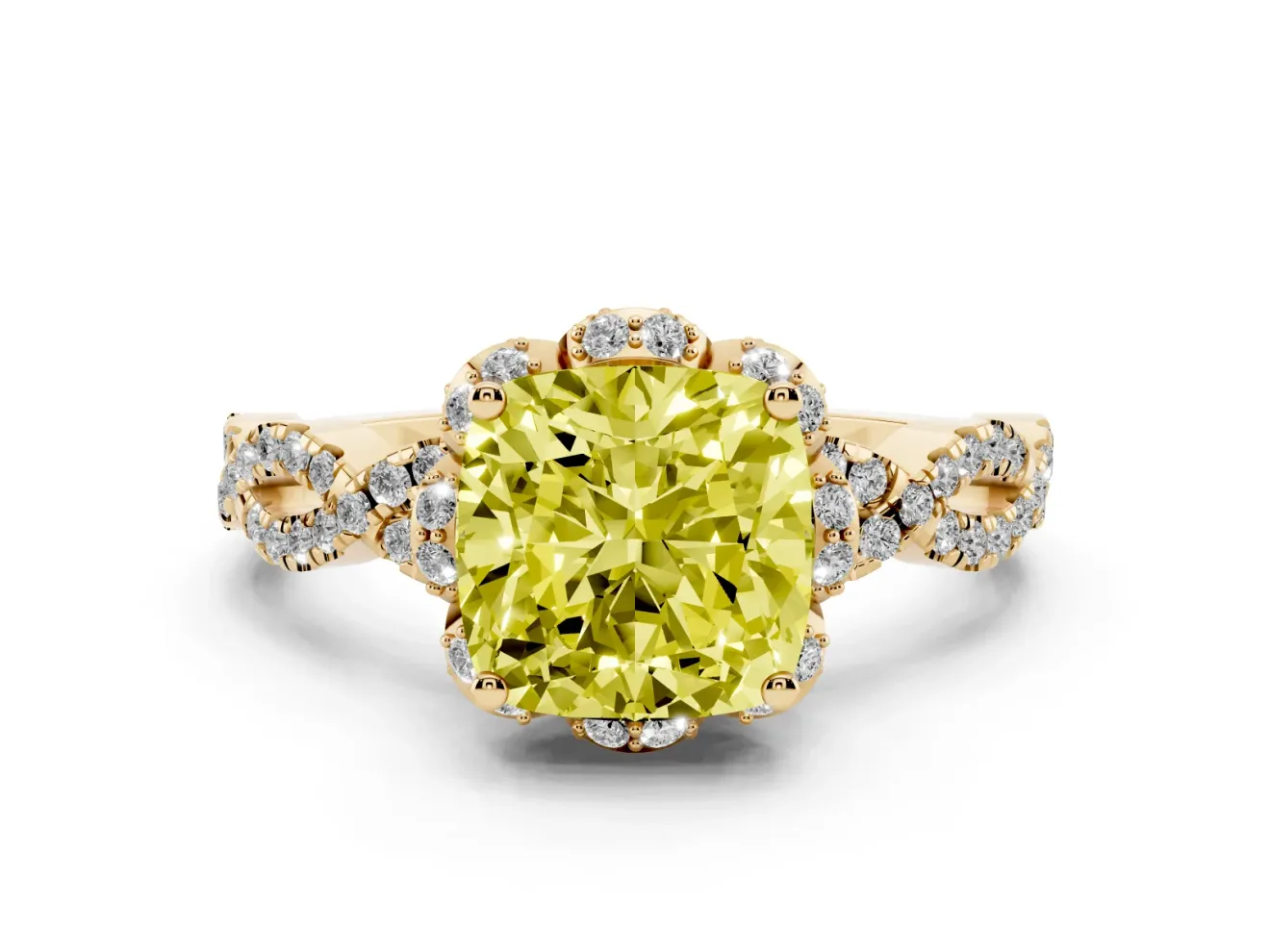 Fancy Yellow Cushion Cut Diamond Halo Twist Band Solitaire Ring Set in Yellow gold with Prong-Set Center Stone