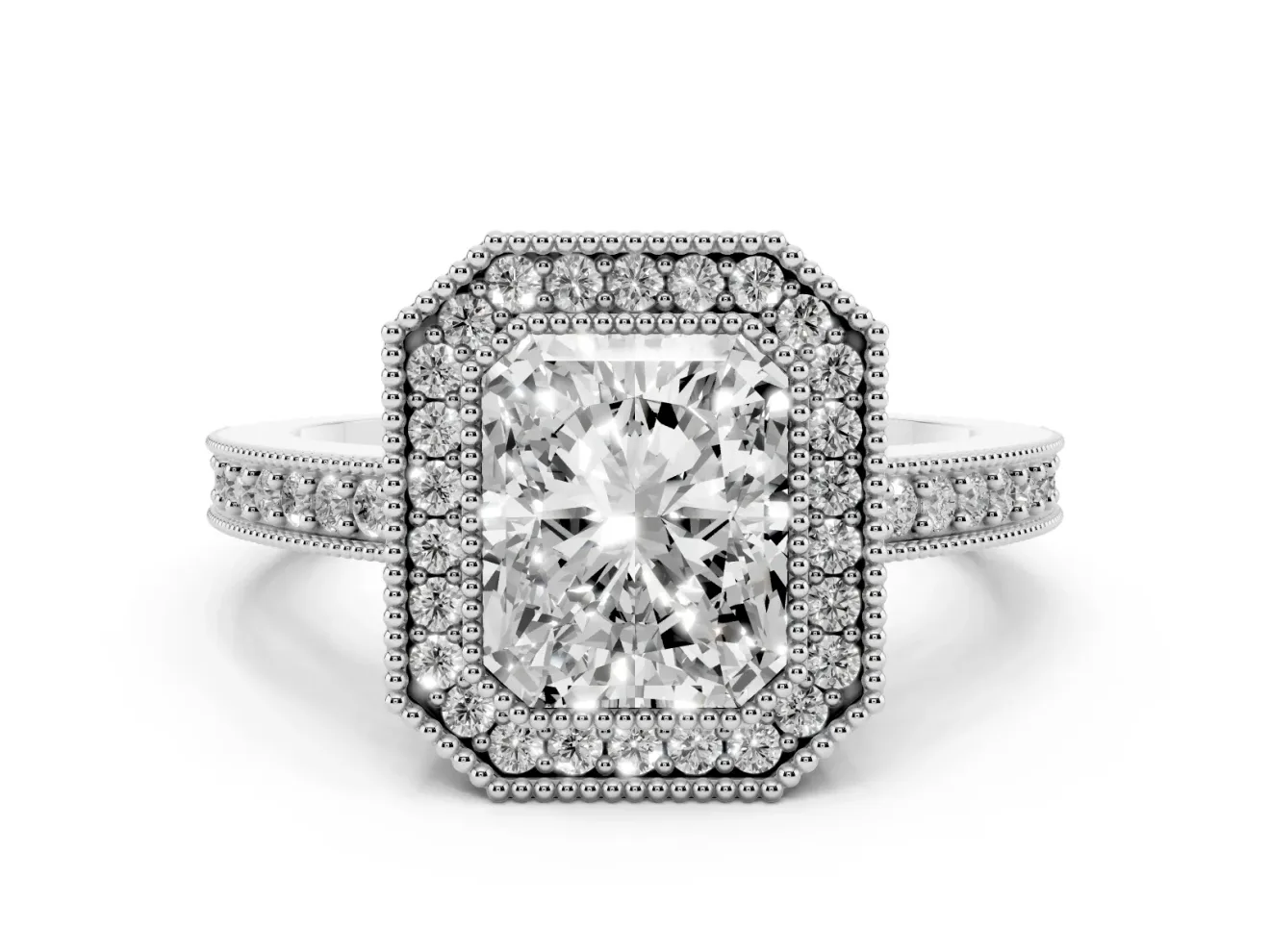 Radiant Cut Diamond Halo Engagement Ring Set in White gold with Pavé Band and Round Halo Stones