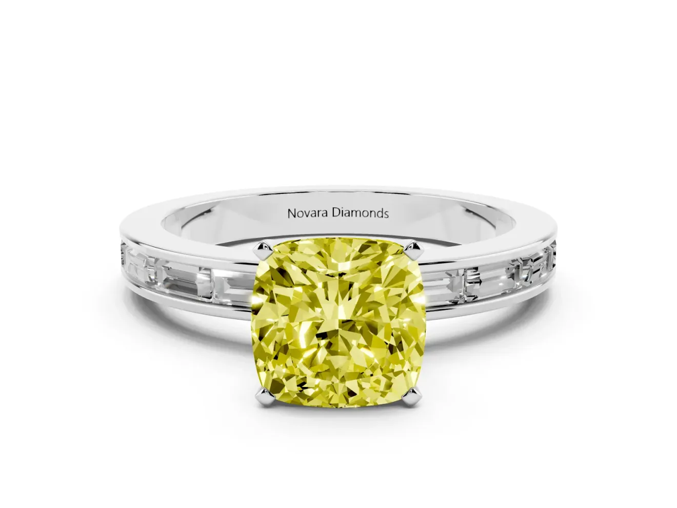 Fancy Yellow Cushion Cut Diamond Solitaire Ring Set in Silver with Channel-Set Baguette Band and Prong Setting