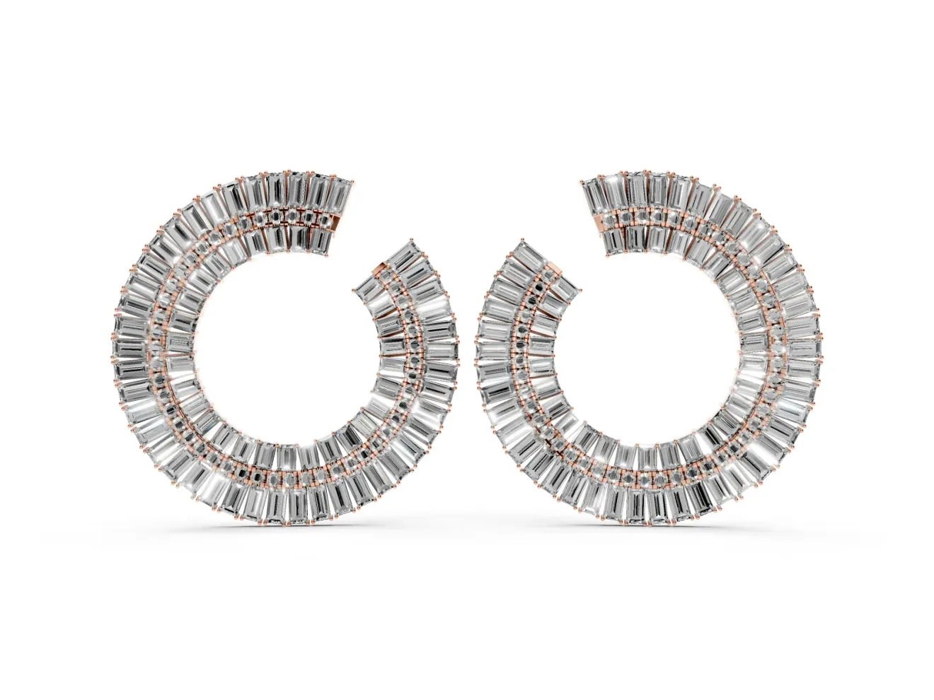 Baguette and Round Lab-Grown Diamond Fanned Open Hoop Earrings | Sunburst Rows | Rose Gold
