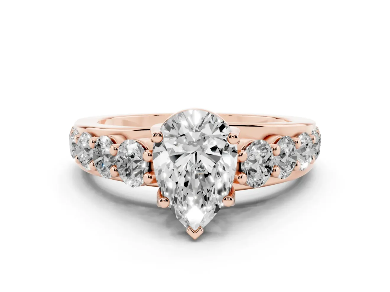 Pear-Shaped Graduated Side Stone Engagement Ring Setting | Shared Prong Rails | Rose Gold
