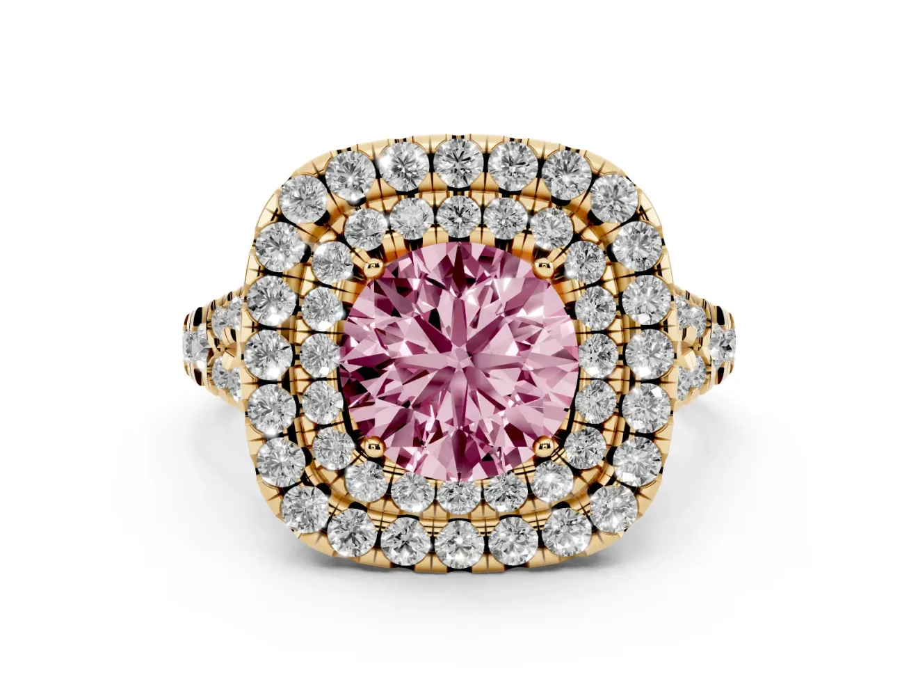 Round Halo Split Shank Engagement Ring Setting for a Fancy Pink Lab-Grown Diamond | Pavé Strands | Yellow Gold