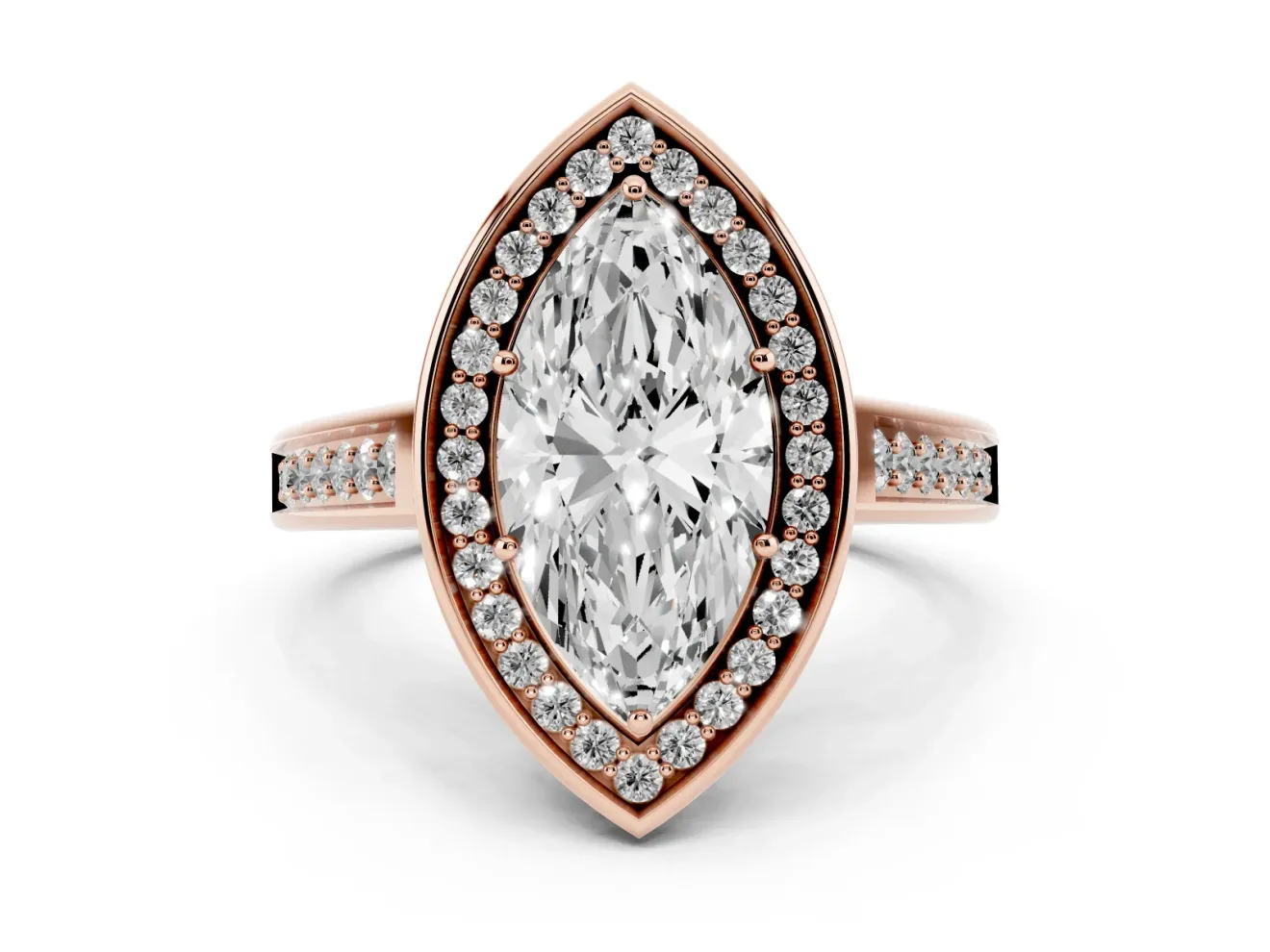 Marquise Cut Diamond Halo Solitaire Ring Set in Rose gold with Pavé Band and Bezel Setting