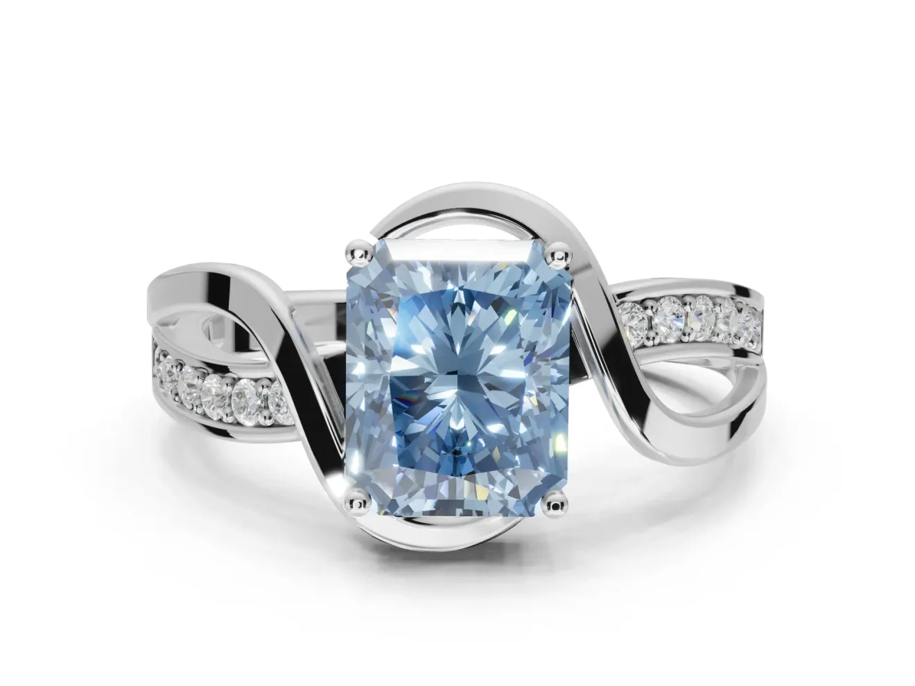 Radiant Cut Bypass Solitaire Engagement Ring Setting for a Fancy Blue Lab-Grown Diamond | Pavé Strands | Sterling Silver