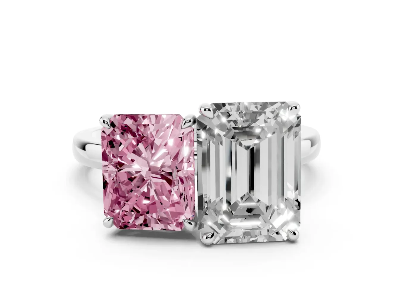 Fancy Pink Radiant Cut and Emerald Cut Toi Moi Ring Set in Silver with Prong Setting