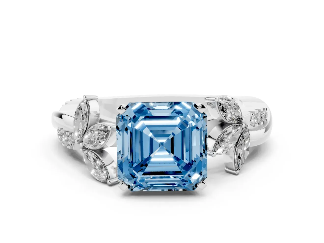 Fancy Blue Asscher Cut Diamond Floral Vine Solitaire Engagement Ring Set in Silver with Marquise Leaves