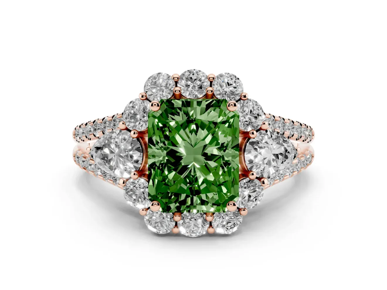 Radiant Cut Scalloped Halo Engagement Ring Setting for a Fancy Green Lab-Grown Diamond | Pear Side Stones | Rose Gold