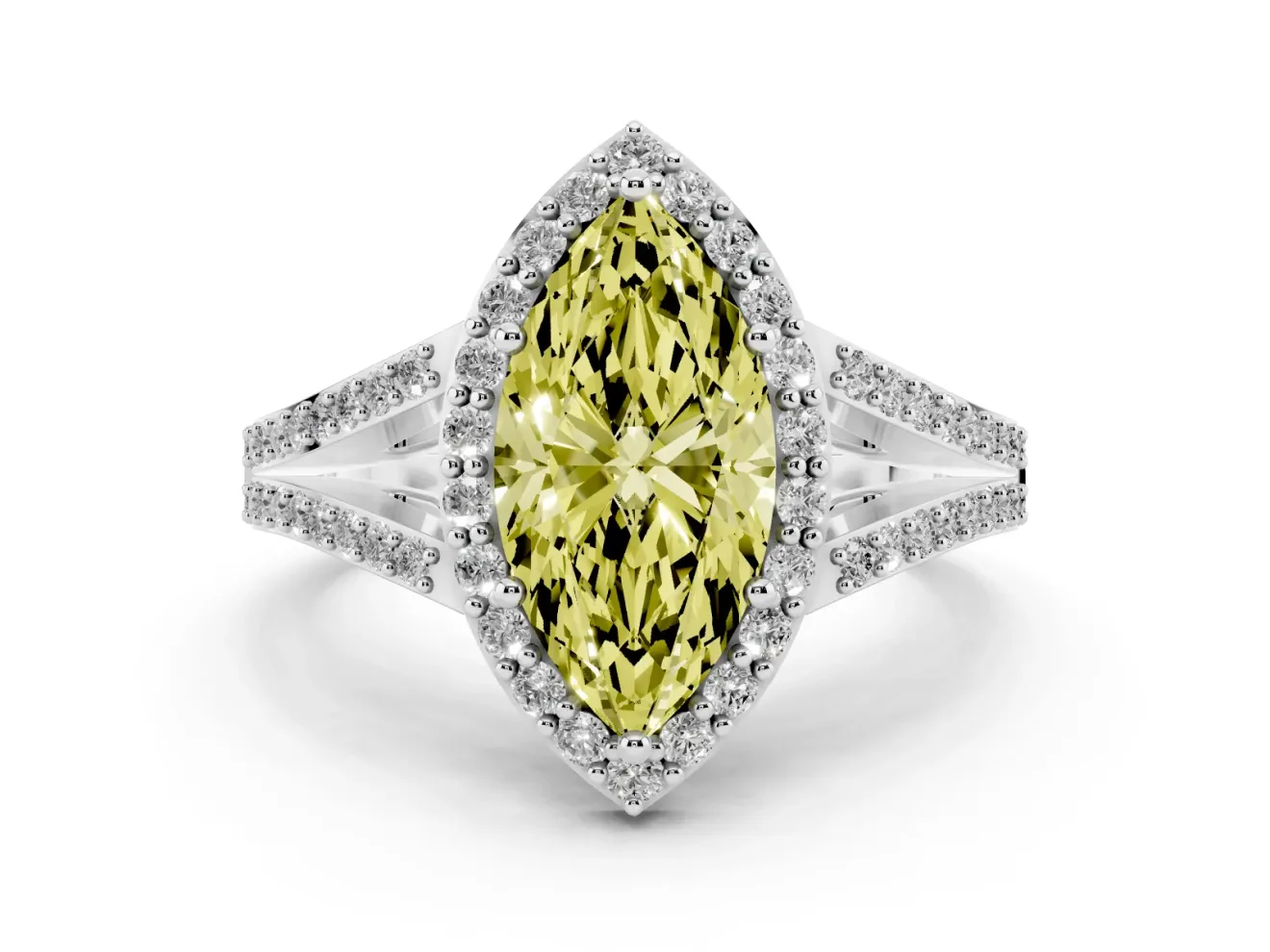 Marquise Halo Engagement Ring Setting for a Fancy Yellow Lab-Grown Diamond | V-Split Pavé Band | Sterling Silver