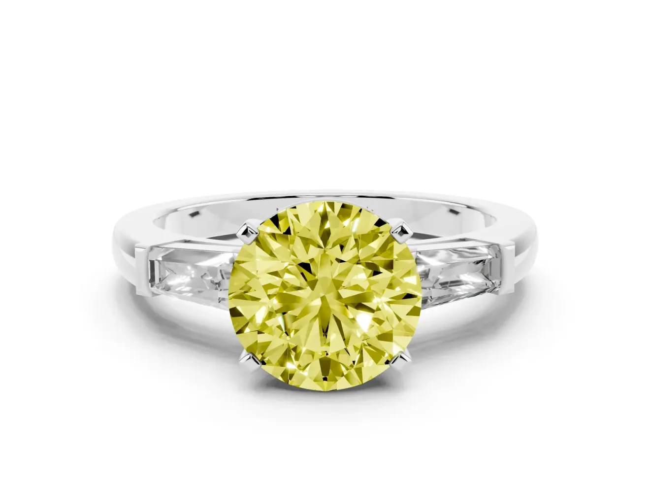 Fancy Yellow Round Cut Diamond Solitaire Ring Set in Platinum with Tapered Baguette Side Stones and Prong Setting