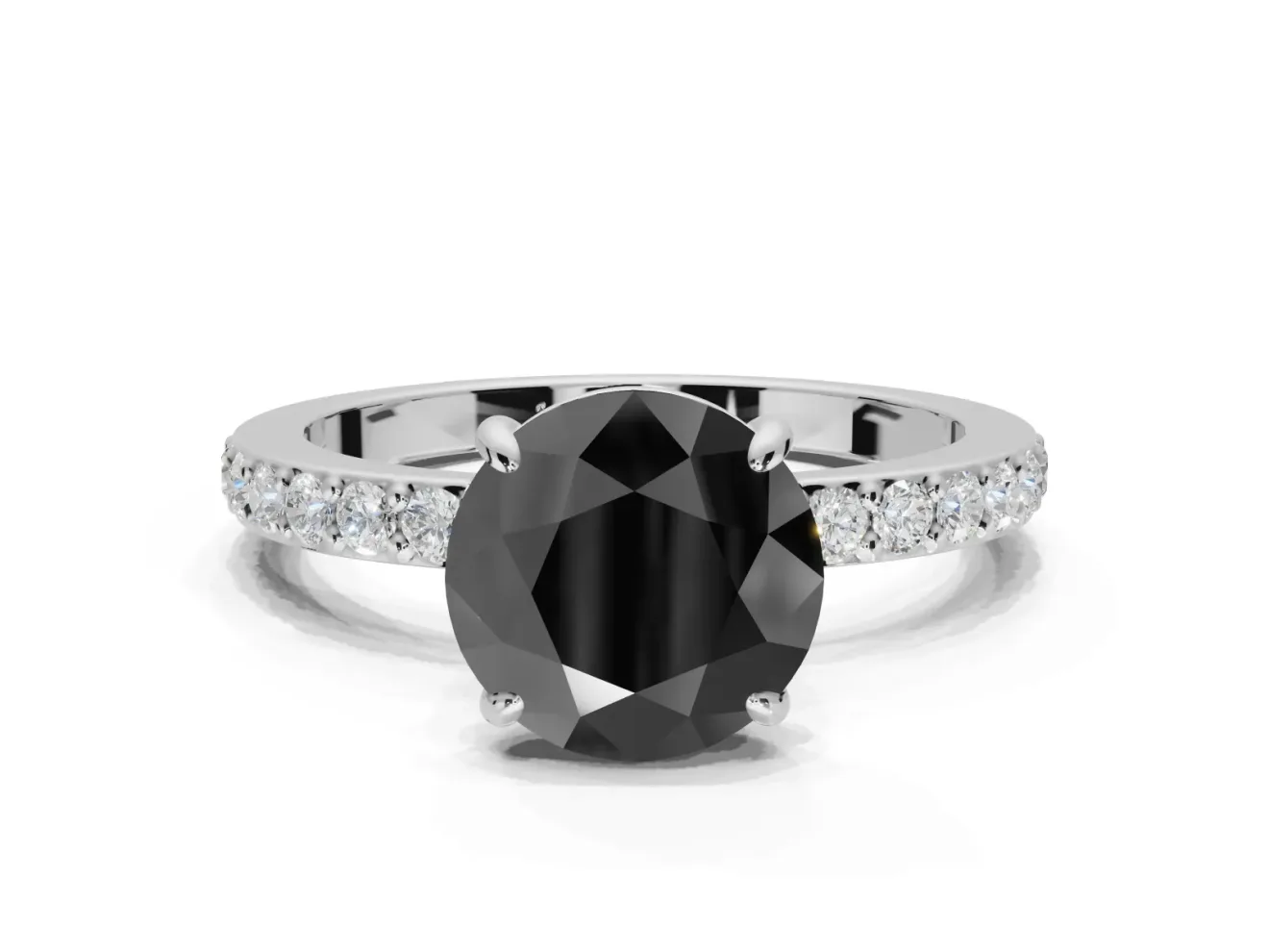 Round Hidden Halo Solitaire Engagement Ring Setting for a Black Center | Pavé Band | Platinum
