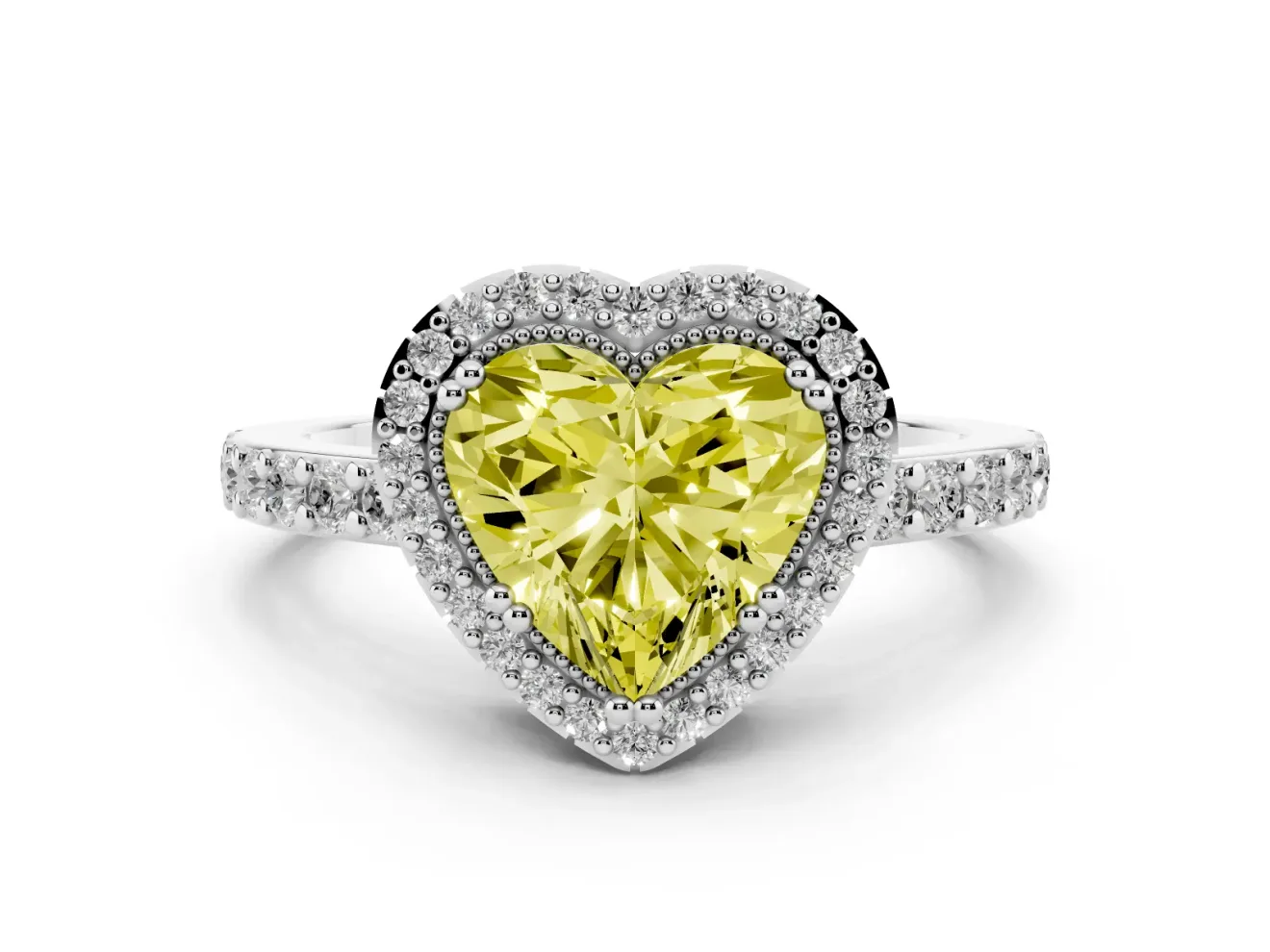 Fancy Yellow Heart Cut Diamond Halo Engagement Ring Set in Silver with Milgrain Detail and Pavé Band