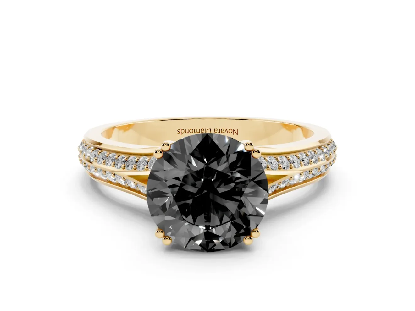 Round Pavé Split Shank Engagement Ring Setting for a Black Center | Double Claw Prongs | Yellow Gold
