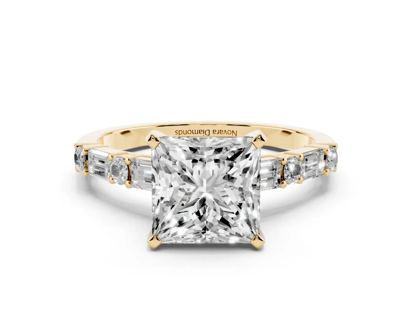Princess Cut Diamond Solitaire Set in Yellow gold with Side Baguettes and Channel Set Band