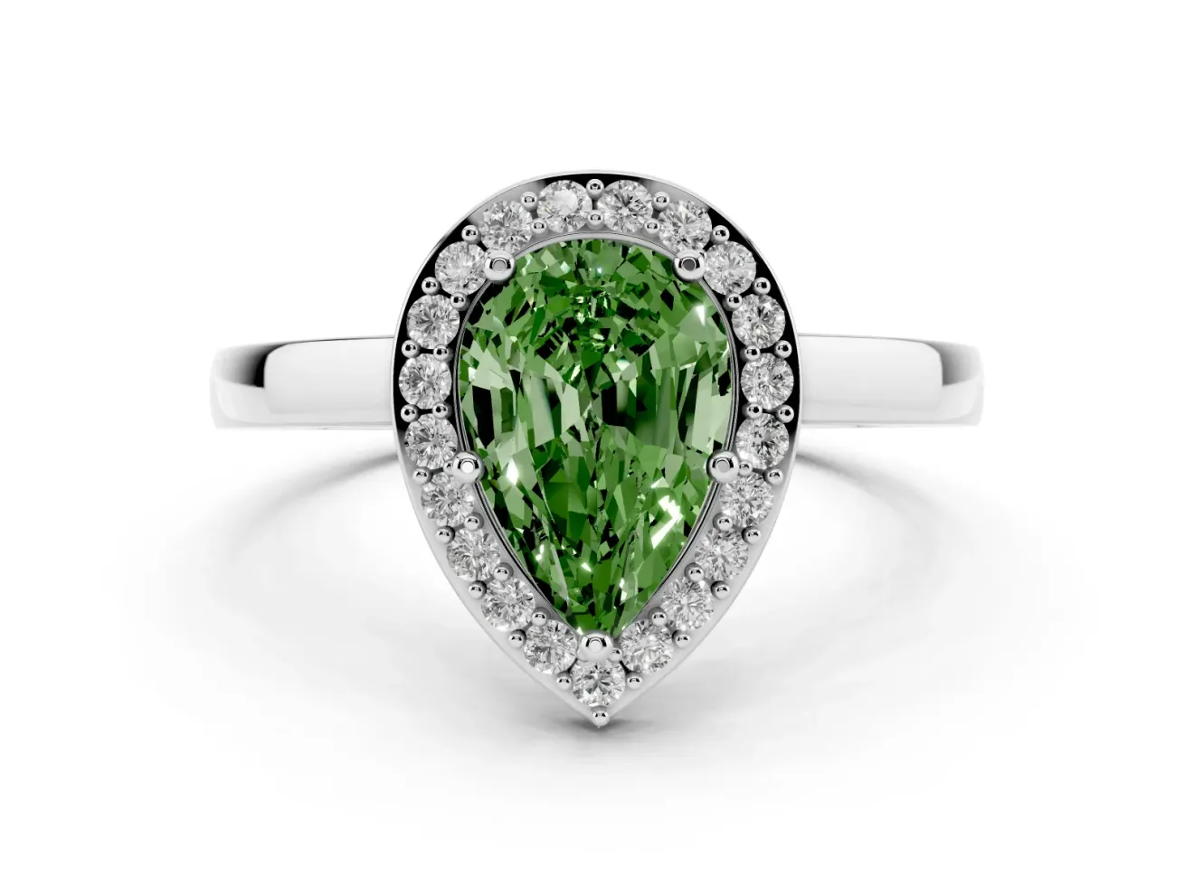 Fancy Green Pear Cut Diamond Halo Ring Set in White gold with Solitaire Band and Prong Setting