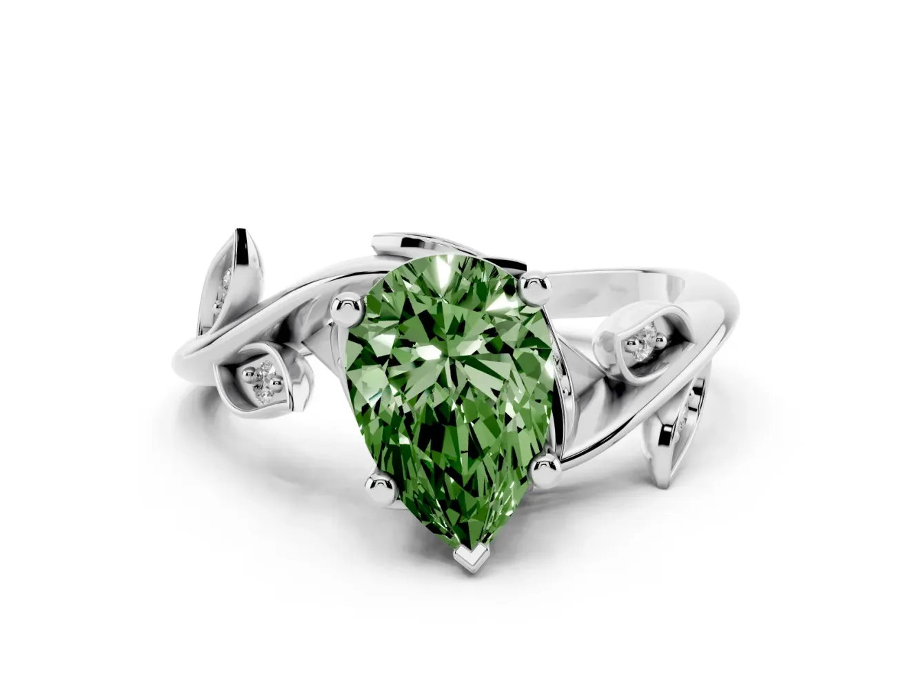 Fancy Green Pear Cut Diamond Solitaire Twist Engagement Ring Set in White gold with Pavé Leaf Accents