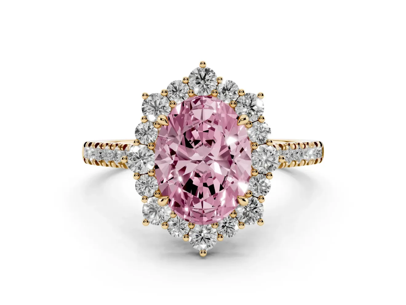 Oval Scalloped Halo Engagement Ring Setting for a Fancy Pink Lab-Grown Diamond | Single Row Pave | Yellow Gold