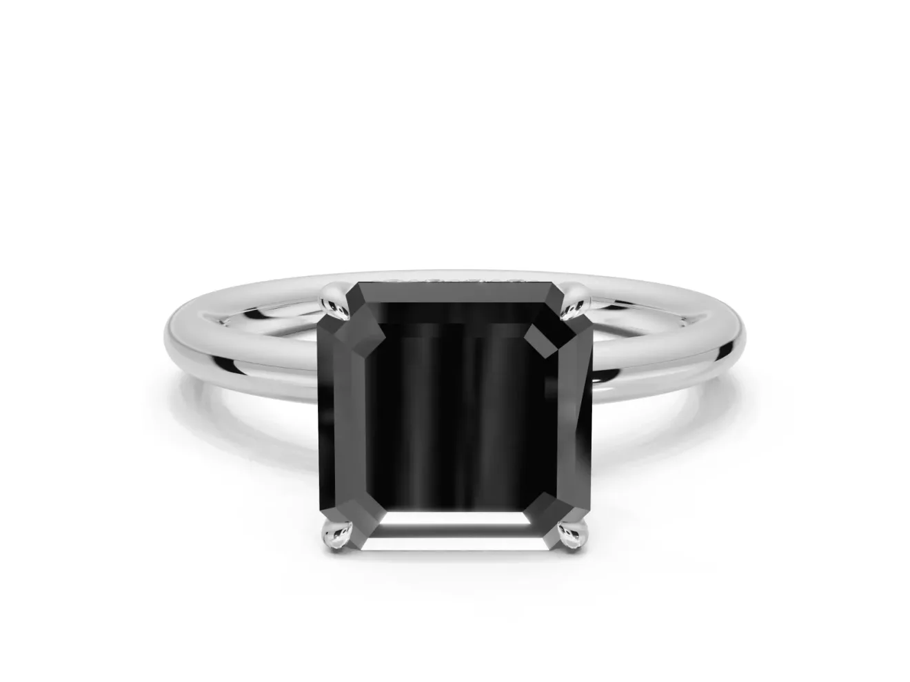 Asscher Cut Hidden Halo Engagement Ring Setting for a Black Center | Thin Plain Band | White Gold