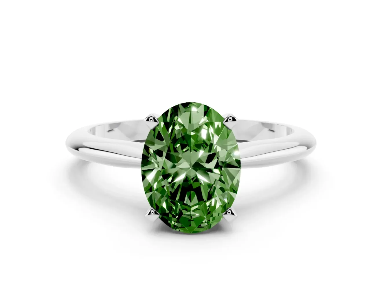 Fancy Green Oval Cut Diamond Solitaire Ring Set in Silver with Prong Setting on a Plain Round Band
