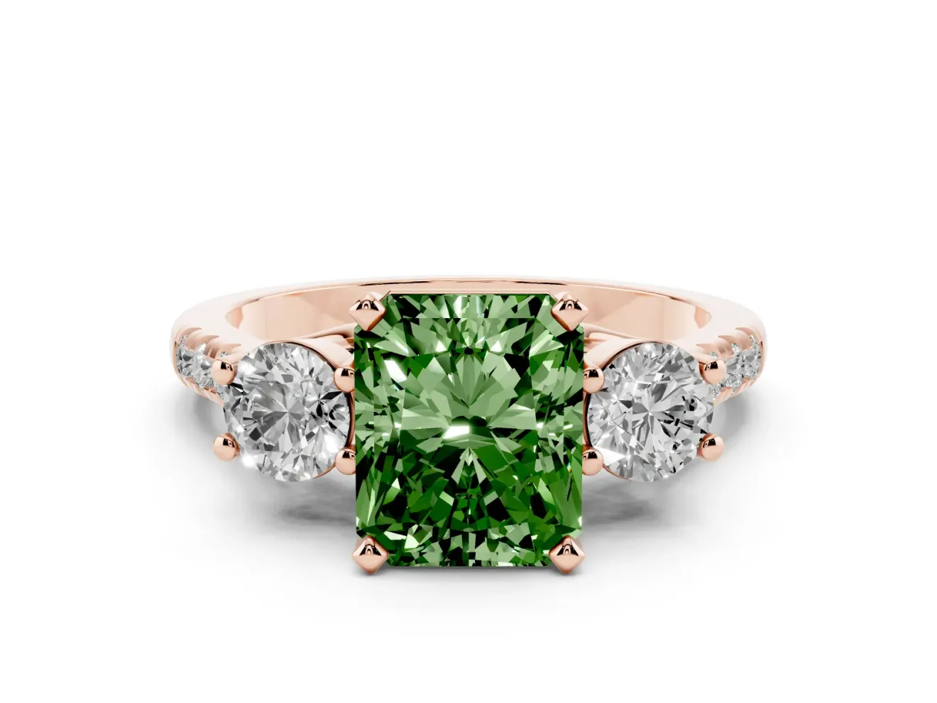 Fancy Green Three-Stone Radiant Cut Diamond Pavé Band Ring Set in Rose gold with Prong-Set Trio