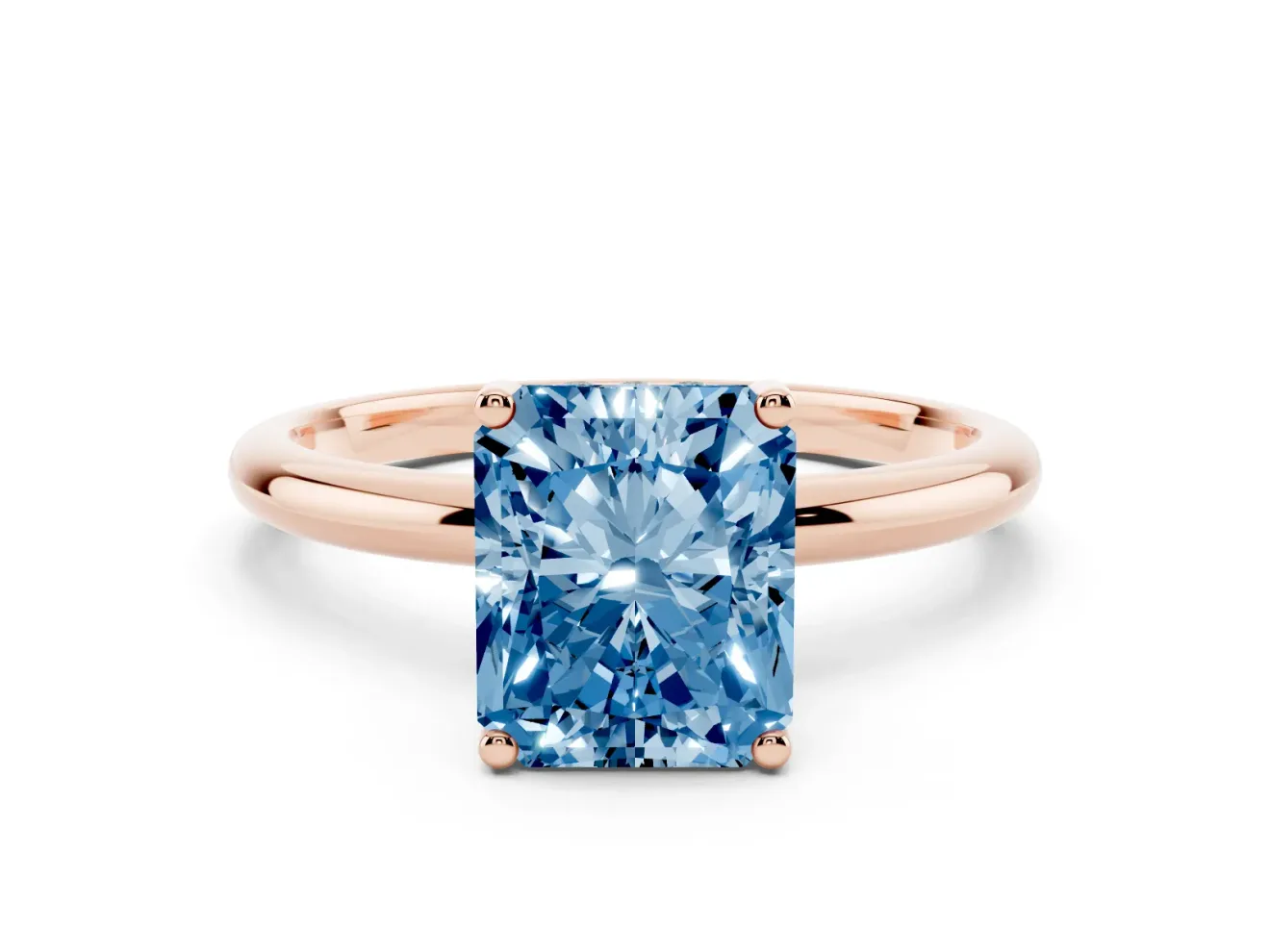 Fancy Blue Radiant Cut Diamond Solitaire Engagement Ring Set in Rose gold with Prong Setting and Polished Band