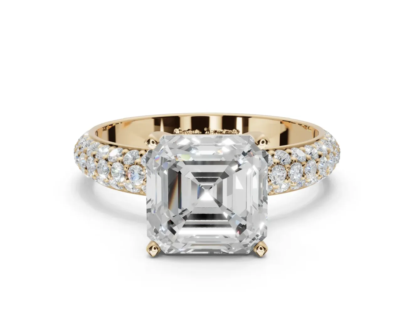 Asscher Cut Pavé Solitaire Engagement Ring Setting | Domed Pavé Band | Yellow Gold