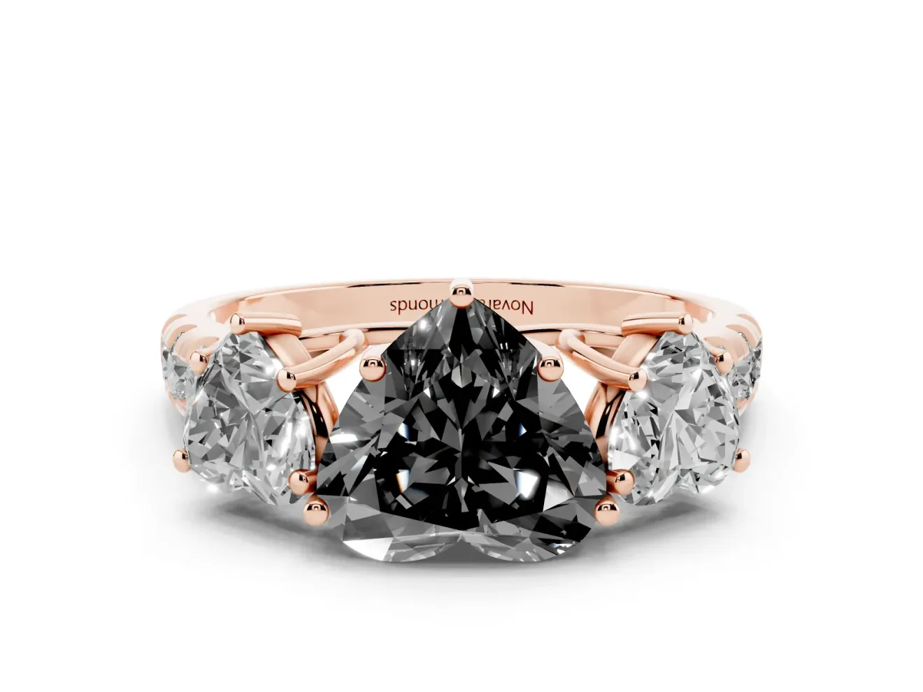 Heart-Shaped Three Stone Engagement Ring Setting for a Black Center | Accented Shoulders | Rose Gold