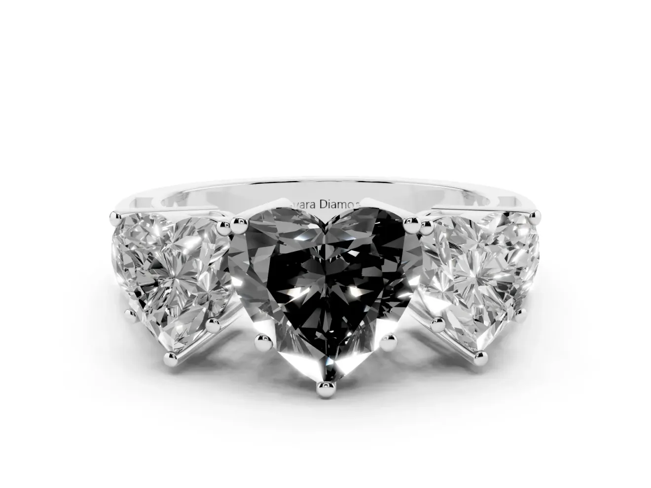 Heart-Shaped Three Stone Engagement Ring Setting for a Black Center | Beaded Shoulders | White Gold